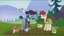 Size: 300x168 | Tagged: safe, derpibooru import, screencap, hilly hooffield, turner mccolt, bird, mouse, pony, rabbit, the hooffields and mccolts, animal, clothes, dress, duo, facial hair, female, hat, hooffield family, image, jpeg, male, mare, mccolt family, moustache, sideburns, stallion, suit