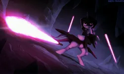 Size: 3678x2200 | Tagged: safe, artist:shido-tara, derpibooru import, starlight glimmer, unicorn, cave, clothes, crossover, dark, female, glow, glowing eyes, image, jpeg, lightsaber, robe, sith, solo, solo female, standing, star wars, star wars: knights of the old republic, weapon