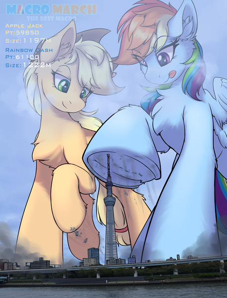 Size: 1556x2048 | Tagged: safe, artist:ravistdash, derpibooru import, applejack, rainbow dash, city, crush fetish, destruction, earth, fetish, growth drive, image, macro, png, raised hoof, smiling, smirk, text, underhoof