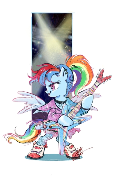 Size: 1362x2198 | Tagged: safe, artist:tina1804, derpibooru import, rainbow dash, pony, bipedal, choker, clothes, ear piercing, guitar, image, jpeg, musical instrument, piercing, shoes, simple background, solo, white background