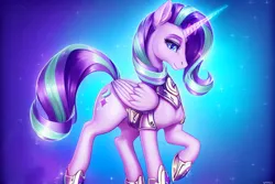 Size: 768x512 | Tagged: safe, derpibooru import, machine learning generated, purplesmart.ai, stable diffusion, starlight glimmer, alicorn, pony, alicornified, cute, folded wings, glimmerbetes, glow, glowing horn, horn, horseshoes, image, png, race swap, solo, starlicorn, wallpaper, wearing armor, wings, xk-class end-of-the-world scenario