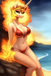 Size: 1024x1536 | Tagged: suggestive, derpibooru import, machine learning generated, purplesmart.ai, stable diffusion, daybreaker, anthro, beach, bikini, bikini bottom, bikini top, breasts, cleavage, clothes, crown, female, fiery mane, fire, horn, image, jewelry, looking at you, png, regalia, sexy, sitting, smiling, smug, solo, swimsuit