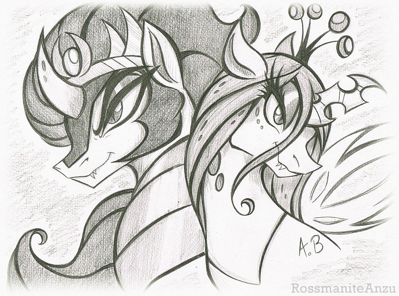 Size: 2113x1570 | Tagged: safe, artist:rossmaniteanzu, derpibooru import, king sombra, queen chrysalis, changeling, unicorn, antagonist, image, jpeg, monochrome, pencil drawing, traditional art