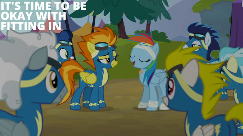 Size: 1280x720 | Tagged: safe, derpibooru import, edit, edited screencap, editor:quoterific, screencap, misty fly, rainbow dash, soarin', spitfire, surprise, newbie dash, clothes, image, png, uniform, wonderbolts uniform