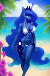 Size: 1024x1536 | Tagged: suggestive, derpibooru import, machine learning generated, purplesmart.ai, stable diffusion, princess luna, anthro, abs, adorasexy, beach, bedroom eyes, belly button, big breasts, bikini, bikini bottom, bikini top, breasts, cleavage, clothes, cute, female, flower, flowing mane, horn, image, jewelry, looking at you, lunabetes, majestic, open mouth, palm tree, png, regalia, sexy, smiling, solo, swimsuit, tiara, toned, toned female, tree, tropical, water