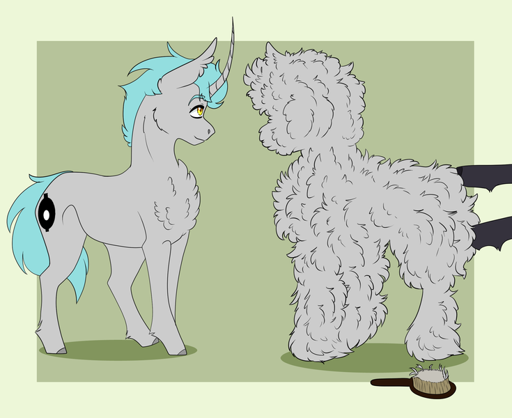 Size: 2449x2000 | Tagged: safe, artist:inisealga, derpibooru import, oc, oc:fae lagoon, oc:lunar signal, unofficial characters only, bat pony, bat pony unicorn, hybrid, unicorn, brush, chest fluff, fluffy, fluffy replica, horn, image, png, shed fur, shedding, sternocleidomastoid