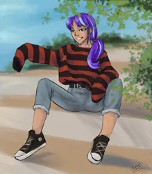 Size: 1102x1257 | Tagged: safe, artist:elisdoominika, derpibooru import, starlight glimmer, human, belt, blue sky, clothes, converse, denim, humanized, image, jeans, leaves, looking at you, pants, png, ponytail, shoes, sitting, smiling, smiling at you, solo, sweater, teenage glimmer, teenager