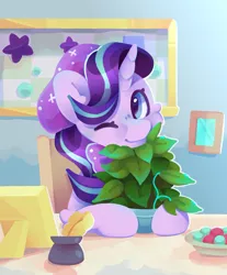 Size: 1023x1235 | Tagged: safe, artist:tater_444, derpibooru import, phyllis, starlight glimmer, pony, unicorn, beanie, chair, female, hat, image, jpeg, mare, one eye closed, plant, solo, wink