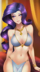 Size: 864x1536 | Tagged: suggestive, derpibooru import, editor:sammykun, machine learning generated, rarity, human, equestria girls, g4, bedroom eyes, belly button, bikini, bikini top, bracelet, breasts, busty rarity, clothes, derpibooru exclusive, dress, female, gold, humanized, image, jewelry, light skin, lips, loincloth, long hair, looking at you, midriff, necklace, png, prompter:sammykun, seductive, seductive pose, sexy, shiny, skirt, slim, solo, solo female, sultry pose, swimsuit