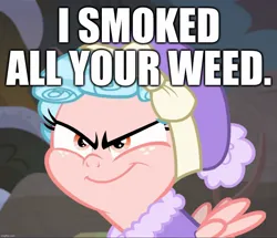 Size: 1091x938 | Tagged: safe, derpibooru import, edit, edited screencap, screencap, cozy glow, clothes, drugs, evil, evil grin, grin, hat, image, jpeg, marijuana, pure concentrated unfiltered evil of the utmost potency, pure unfiltered evil, smiling, winter outfit