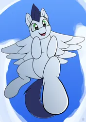 Size: 2480x3508 | Tagged: safe, artist:sefastpone, derpibooru import, soarin', pegasus, pony, cloud, digital art, flying, happy, image, looking at you, male, png, sky, stallion