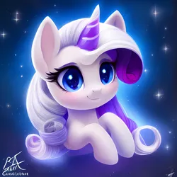 Size: 1024x1024 | Tagged: safe, derpibooru import, machine learning generated, stable diffusion, pony, unicorn, blushing, cute, female, glow, image, mare, not rarity, png, solo, space, stars