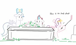 Size: 1525x899 | Tagged: safe, artist:attila, derpibooru import, pipp petals, queen haven, zipp storm, pegasus, pony, coffin, crown, diadem, female, flower, funeral, g5, headband, image, implied father, jewelry, jpeg, mare, mobile phone, mother and child, mother and daughter, phone, regalia, rose, royal sisters (g5), sad, selfie stick, siblings, sisters, smartphone, trio, trio female
