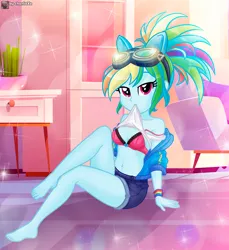 Size: 1045x1140 | Tagged: suggestive, artist:charliexe, derpibooru import, kotobukiya, rainbow dash, equestria girls, alternate hairstyle, barefoot, bedroom eyes, bra, chair, clothes, couch, cute, dashabetes, desk, feet, female, goggles, goggles on head, image, jacket, jpeg, kotobukiya rainbow dash, plant, ponied up, shirt, shirt lift, short, solo, solo female, tanktop, underwear