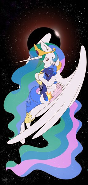 Size: 1954x4096 | Tagged: safe, artist:max_crea, derpibooru import, princess celestia, princess luna, alicorn, pony, duo, eclipse, female, hug, image, jpeg, solar eclipse