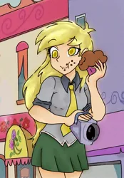 Size: 1423x2048 | Tagged: safe, artist:superstarrzz, derpibooru import, derpy hooves, human, clothes, female, food, humanized, image, jpeg, messy eating, muffin, necktie, scary, shirt, skirt, solo, store, that pony sure does love muffins, yellow eyes, yellow hair