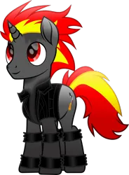 Size: 1773x2415 | Tagged: safe, artist:lincolnbrewsterfan, derpibooru import, oc, oc:shift timescale, unofficial characters only, pony, unicorn, rainbow roadtrip, .svg available, bands, clothes, colored pupils, cute, cute face, cute smile, derpibooru exclusive, embers, fire, gift art, gradient hair, gradient hooves, gradient mane, gradient tail, happy, horn, image, inkscape, jacket, looking up, male, microphone, movie accurate, ocbetes, png, red eyes, red hair, red mane, red tail, shading, sharp horn, simple background, smiling, solo, sparkles, spiky hair, spiky mane, stallion, striped tail, tail, torch, transparent background, two toned hair, two toned mane, two toned tail, unicorn oc, vector, vest, wrist cuffs, yellow hair, yellow mane, yellow tail