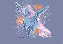 Size: 2388x1668 | Tagged: safe, artist:nightprince-art, derpibooru import, wind whistler, pegasus, pony, blue background, blushing, bow, female, flower, flying, g1, image, looking at you, mare, png, signature, simple background, solo, spread wings, tail, tail bow, wings