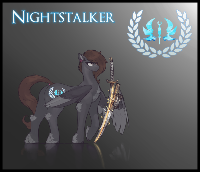 Size: 3500x3000 | Tagged: safe, artist:nsilverdraws, artist:veen, derpibooru import, oc, oc:nightstalker, unofficial characters only, butterfly, insect, pegasus, pony, cutie mark, ear piercing, female, gradient background, image, laurel wreath, magic, mare, pegasus oc, piercing, png, solo, standing, sundown clan, sword, tail, tail piercing, weapon, wings