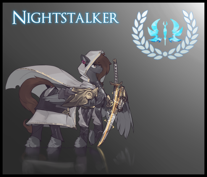 Size: 3500x3000 | Tagged: safe, alternate version, artist:nsilverdraws, artist:veen, derpibooru import, oc, oc:nightstalker, unofficial characters only, butterfly, insect, pegasus, pony, armor, cape, clothes, cutie mark, ear piercing, female, gradient background, image, laurel wreath, magic, mare, pegasus oc, piercing, png, solo, standing, sundown clan, sword, tail, tail piercing, weapon, wing armor, wings