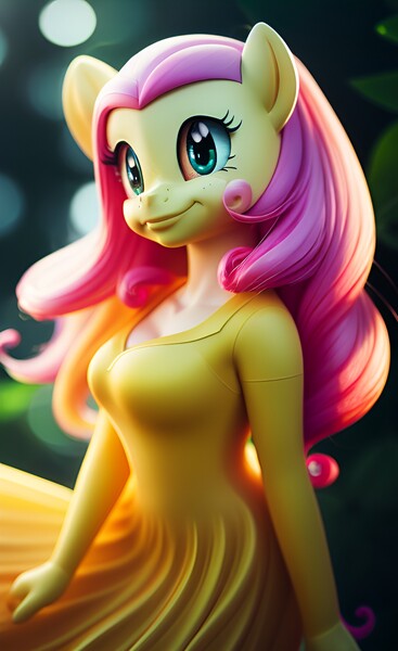 Size: 960x1568 | Tagged: safe, derpibooru import, machine learning generated, fluttershy, anthro, clothes, dress, image, jpeg, smiling, solo, wombo.ai