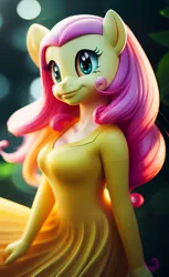 Size: 960x1568 | Tagged: safe, derpibooru import, machine learning generated, fluttershy, anthro, clothes, dress, image, jpeg, smiling, solo, wombo.ai