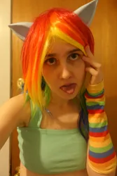 Size: 3648x5472 | Tagged: safe, artist:magicalmysticva, derpibooru import, rainbow dash, human, clothes, cosplay, costume, cute, image, irl, irl human, jpeg, photo, selfie, short shirt, tongue out