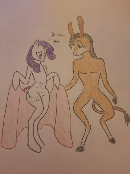 Size: 3000x4000 | Tagged: artist needed, questionable, derpibooru import, rarity, donkey, unicorn, crayon drawing, donkey oc, image, imminent sex, interspecies, jpeg, presenting, seductive, tail, tail wrap, traditional art, wide hips, writing