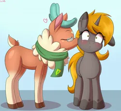 Size: 2715x2500 | Tagged: safe, artist:an-tonio, derpibooru import, cashmere (tfh), oc, oc:nuclear fusion, pony, unicorn, them's fightin' herds, blushing, canon x oc, clothes, community related, duo, eyes closed, female, floating heart, glasses, heart, horn, image, jpeg, kiss on the cheek, kissing, lesbian, scarf, shrunken pupils, unicorn oc