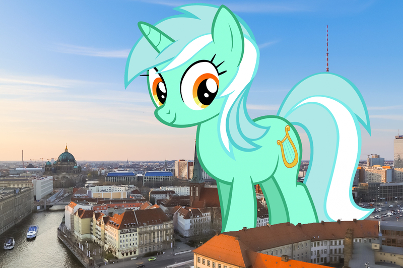 Size: 2048x1363 | Tagged: safe, artist:tardifice, derpibooru import, edit, editor:jaredking779, lyra heartstrings, pony, unicorn, background pony, berlin, female, germany, giant lyra heartstrings, giant pony, giant unicorn, giantess, highrise ponies, image, irl, jpeg, looking at you, macro, mare, mega giant, photo, ponies in real life, smiling, solo