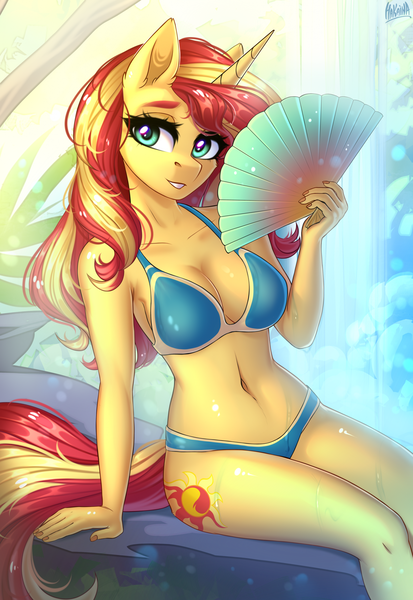 Size: 1593x2312 | Tagged: suggestive, artist:hakaina, derpibooru import, sunset shimmer, anthro, unicorn, belly button, bikini, clothes, fan, female, image, png, solo, solo female, swimsuit, wet
