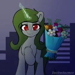 Size: 2048x2048 | Tagged: safe, artist:darbedarmoc, derpibooru import, oc, oc:minerva, unofficial characters only, pony, unicorn, bouquet, cute, cute little fangs, fangs, flower, image, international women's day, looking at you, png, red eyes, solo