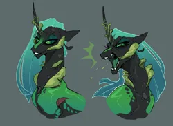 Size: 1686x1237 | Tagged: safe, artist:yozora122, derpibooru import, queen chrysalis, changeling, changeling queen, alternate design, bust, female, gray background, image, jpeg, open mouth, simple background, solo