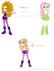 Size: 866x1146 | Tagged: safe, artist:prettycelestia, derpibooru import, adagio dazzle, fluttershy, boots, clothes, curly hair, eyeshadow, fusion, gem, high heel boots, image, makeup, miniskirt, png, red eyes, shoes, siren gem, skirt