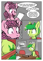 Size: 2893x4092 | Tagged: safe, artist:anuggetqueen, derpibooru import, oc, unofficial characters only, chair, cutie mark, duo, frown, image, implied alcohol, interview, jpeg, necktie, nervous, nervous sweat, paper, paperclip, rejection, sitting, smiling, this did not end well