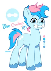 Size: 926x1280 | Tagged: safe, alternate version, artist:maren, derpibooru import, oc, oc:blue chewings, unofficial characters only, earth pony, pony, my little pony: tell your tale, g5, image, jpeg, looking at you, male, reference sheet, show accurate, simple background, smiling, solo, stallion, unshorn fetlocks, white background