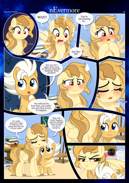 Size: 3259x4607 | Tagged: safe, artist:estories, derpibooru import, oc, oc:alice goldenfeather, oc:fable, pegasus, pony, comic:nevermore, blushing, brother and sister, comic, female, image, male, open mouth, pegasus oc, png, red eyes, red eyes take warning, siblings, wings