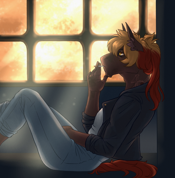 Size: 2140x2176 | Tagged: safe, artist:jeshh, derpibooru import, oc, oc:coal train, unofficial characters only, anthro, earth pony, cigarette, clothes, image, jacket, pants, png, solo, window