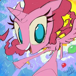 Size: 2000x2000 | Tagged: safe, artist:saltycube, derpibooru import, pinkie pie, alicorn, pony, abstract background, alicornified, balloon, cloud, female, image, mare, pinkiecorn, png, race swap, smiling, solo, solo female, song reference, sparkles, xk-class end-of-the-world scenario