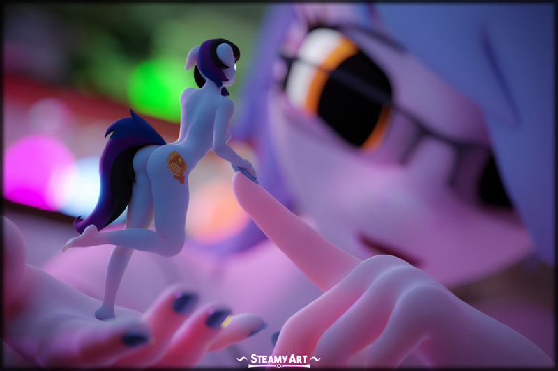 Size: 3840x2560 | Tagged: questionable, artist:phenioxflame, derpibooru import, oc, oc:maple cake, oc:steamy, anthro, earth pony, pony, unicorn, 3d, ass, blender, breasts, butt, female, image, micro, nipples, nudity, png, small breasts, tiny, tiny ponies
