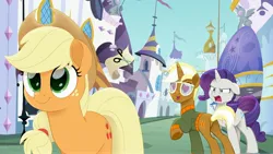 Size: 4096x2303 | Tagged: safe, artist:beatlinked, derpibooru import, applejack, rarity, trenderhoof, earth pony, pony, unicorn, angry, canterlot, clothes, distracted boyfriend meme, female, floppy ears, heart, heart eyes, image, jealous, jpeg, looking back, male, mare, meme, movie accurate, open mouth, ponified meme, shipping, stallion, straight, trenderity, trenderjack, wingding eyes