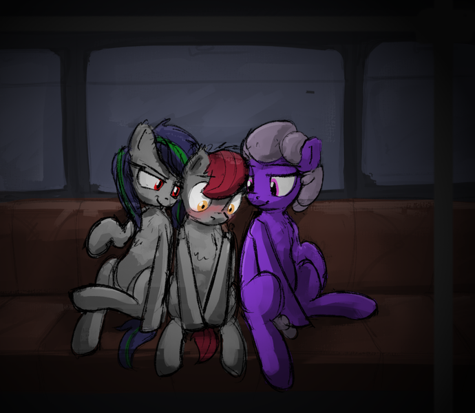 Size: 1000x869 | Tagged: safe, artist:uteuk, derpibooru import, oc, oc:natrix capefiv, unofficial characters only, bat pony, earth pony, pony, blushing, embarrassed, female, image, larger female, male, mare, png, sitting, size difference, stallion, train