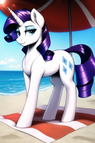 Size: 1024x1536 | Tagged: safe, ai content, derpibooru import, machine learning generated, novelai, stable diffusion, rarity, pony, unicorn, g4, beach, beach blanket, beach umbrella, colored, cute, cutie mark, ear fluff, eyeshadow, female, horn, image, lidded eyes, looking at you, makeup, mare, outdoors, png, prompter:endless--, sand, smiling, smiling at you, solo, solo female, solo focus, standing, tail, towel, umbrella, water