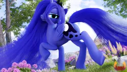 Size: 3840x2160 | Tagged: safe, artist:loveslove, derpibooru import, princess luna, alicorn, pony, 3d, day, female, flower, folded wings, high res, horn, image, looking at you, outdoors, png, smiling, smiling at you, solo, tail, tree, wings