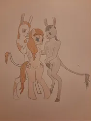 Size: 3000x4000 | Tagged: suggestive, derpibooru import, oc, oc:cream heart, donkey, hands behind back, image, imminent sex, jpeg, oc x oc, shipping, smiling, traditional art, trio, wide hips