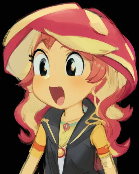 Size: 512x640 | Tagged: safe, artist:luckreza8, derpibooru import, machine learning generated, sunset shimmer, human, equestria girls, :d, anime, black background, female, image, open mouth, open smile, pinegraph, png, simple background, smiling, solo