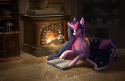 Size: 1920x1243 | Tagged: safe, artist:yasu, derpibooru import, twilight sparkle, twilight sparkle (alicorn), alicorn, book, bookshelf, chest fluff, cozy, cup, fire, fireplace, glasses, glow, glowing horn, horn, image, leonine tail, png, reading glasses, solo, tail, teacup