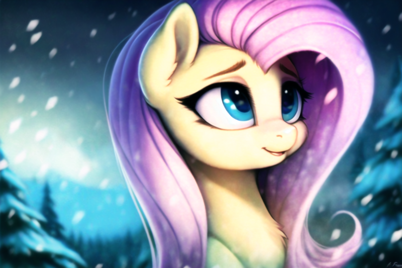 Size: 1728x1152 | Tagged: safe, derpibooru import, machine learning generated, novelai, stable diffusion, fluttershy, pegasus, pony, adorable face, bust, chest fluff, cute, ear fluff, eye lashes, eyebrows, female, forest, forest background, happy, image, looking up, mare, open mouth, png, portrait, smiling, snow, snowfall, solo, solo female, solo focus, tree