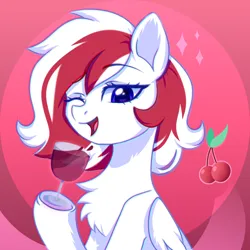 Size: 2500x2500 | Tagged: safe, artist:leah minik, derpibooru import, oc, oc:red wine, unofficial characters only, pegasus, pony, abstract background, alcohol, bottle, bust, cherry, cute, food, glass, image, looking at you, mouth hold, pegasus oc, png, portrait, smiling, solo, two toned mane, wine, wine bottle, wine glass, wings
