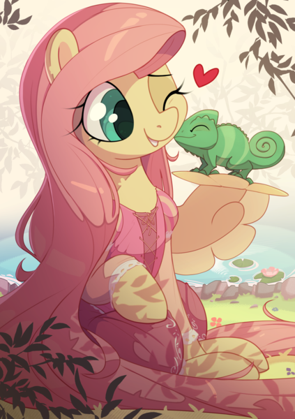 Size: 2817x4000 | Tagged: safe, artist:nookprint, derpibooru import, fluttershy, chameleon, pegasus, image, png, rapunzel, solo